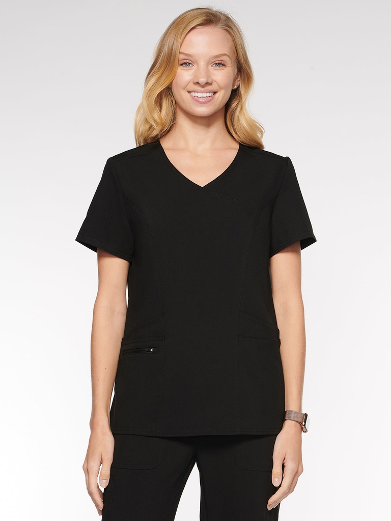 Coral Women's Top Mock Wrap with 6 Pockets (94003) in Black with Front view