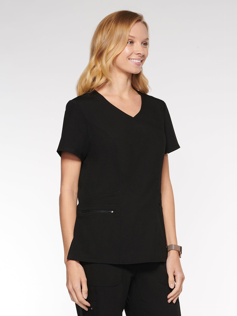Coral Women's Top Mock Wrap with 6 Pockets (94003) in Black with Left view