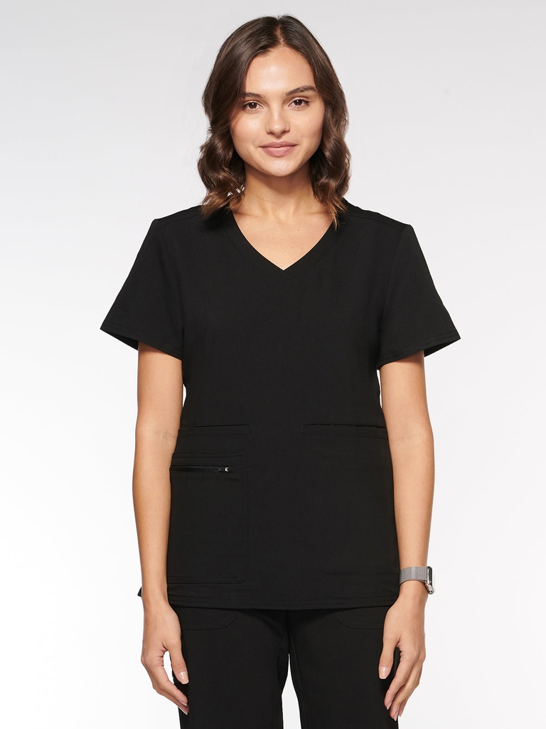 Kara Women's Top Rounded V-Neck with 4 Pockets (94002) in Black with Front view