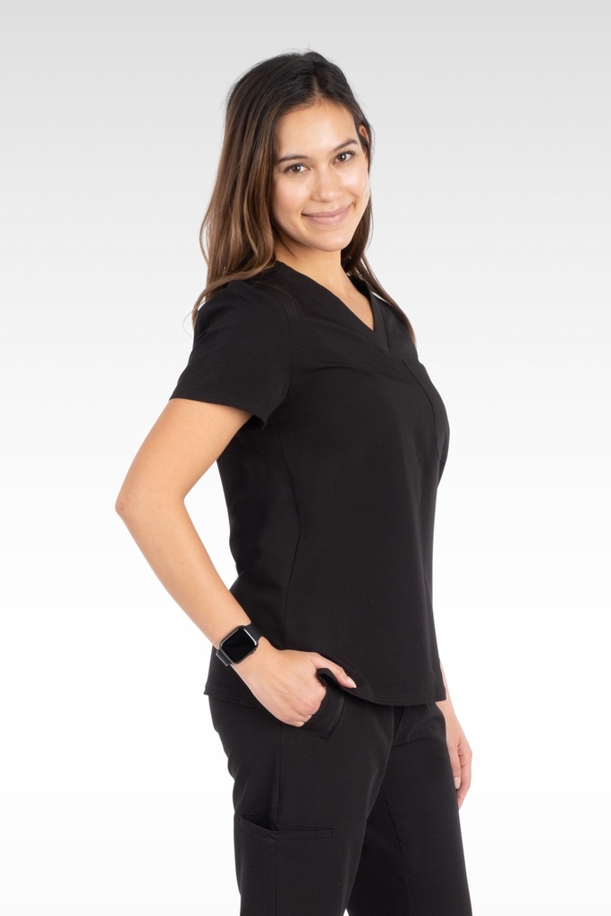 Lena Women's Top - V-Neck "Tuck-In" Top  with 1 Pocket (14010) in Black with Left view